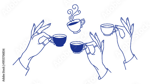 Hands holding coffee cups in a toast gesture with steam rising