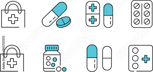 Medical icons set, pharmacy pills capsules, first aid kit, medicine tablets, healthcare treatment outline vector illustration collection
