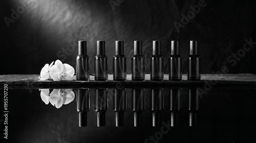 Botanical essential oil bottles on shelf with flower in monochrome
