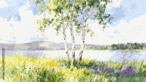 Sunny Meadow Day Morning Light over the Meadow isolated watercolor vector illustration svg