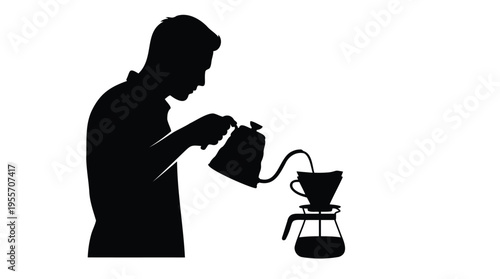 Silhouette of a person pouring hot water from a kettle into a coffee dripper, demonstrating manual pour-over brewing technique