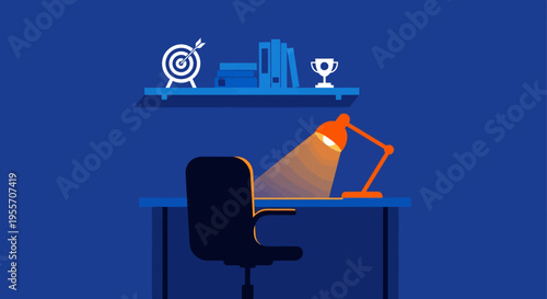 Minimalist blue office workspace illustration with desk chair globe lamp books trophy
