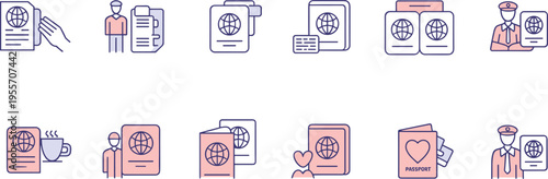 Passport icons set, travel documents, visa approval, immigration control, identity verification, international travel outline vector illustration collection