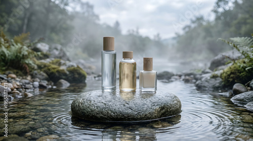Nature inspired perfume collection on tranquil river stones