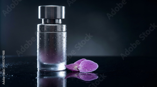 Perfume bottle with pink petals on dark background