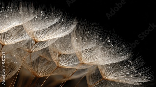 Delicate dandelion seeds dispersing in air against dark background.