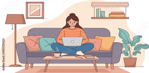 Freelancer Working from Home Vector Illustration with Woman Using Laptop on Cozy Sofa in Modern Living Room Interior for Remote Work and Lifestyle Design