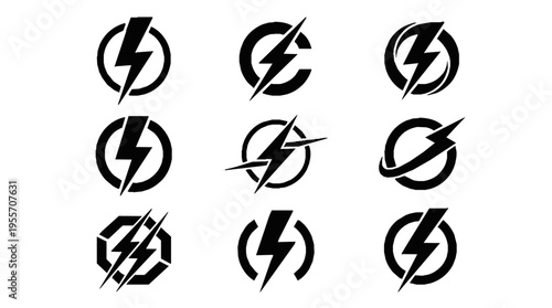Nine dynamic lightning bolt emblems in bold black and white minimalist electric design on transparent background