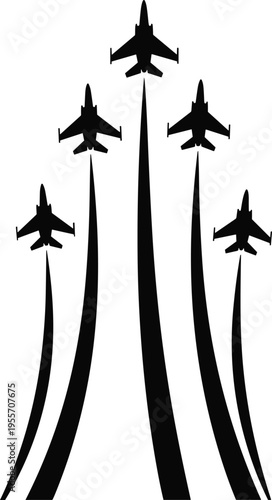 Jet Fighter Formation Silhouette Airshow Military Aircraft Team Flying Display Isolated on White Background