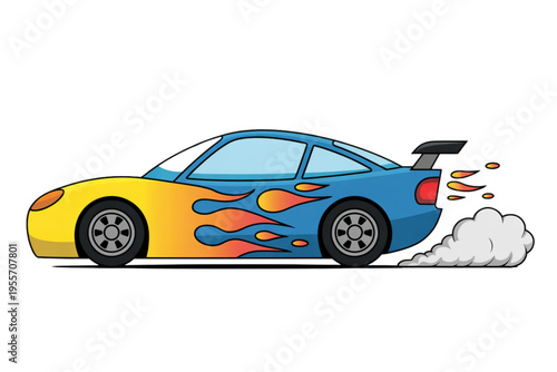 A vibrant blue and yellow racing car speeding forward with flames and smoke trailing behind it Vector