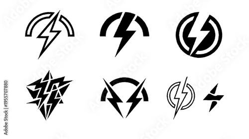 Black geometric lightning bolt icons set isolated on white background with sharp modern design for energy and technology themes