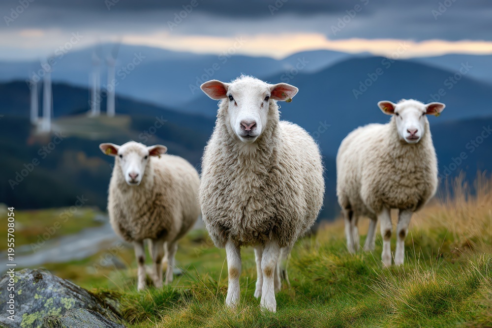 Fototapeta premium A charming group of fluffy sheep grazing on a lush green hillside meadow, against a beautiful mountain backdrop with wind turbines in the distance, rural idyllic scene.