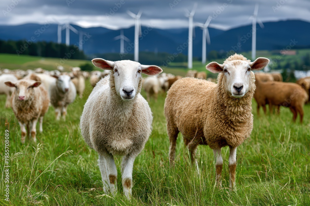 Fototapeta premium A pastoral landscape featuring a flock of sheep grazing in a green field, with wind turbines standing prominently in the background, under a cloudy sky.