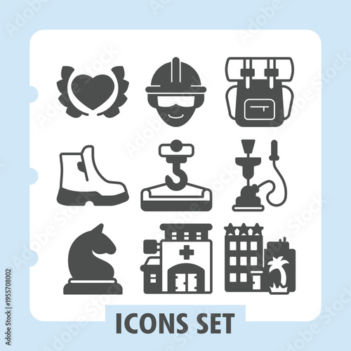 Heart badge, boot, chess modern icons set featuring love health, home, tools items in solid style for web apps and print on white background. Vector graphics. Set of nine glyph icons.