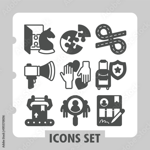 Chess folder, loudspeaker, conveyor modern icons featuring game, security and productivity items in solid style for web apps and print on white background. Vector graphics. Set of nine glyph icons.