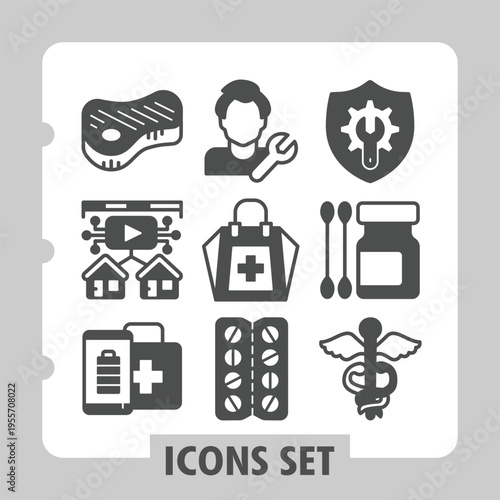 Beef, network, first aid modern icons set depicting security, healthcare, shopping items in solid style for web apps and print on white background. Vector graphics. Set of nine glyph icons.