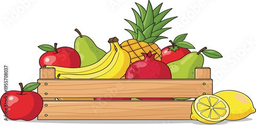 Fresh Fruit Vector Illustration with Wooden Crate Featuring Apple, Banana, Pineapple, Pear, Lemon, and Pomegranate for Healthy Food, Organic Market, and Nutrition Design