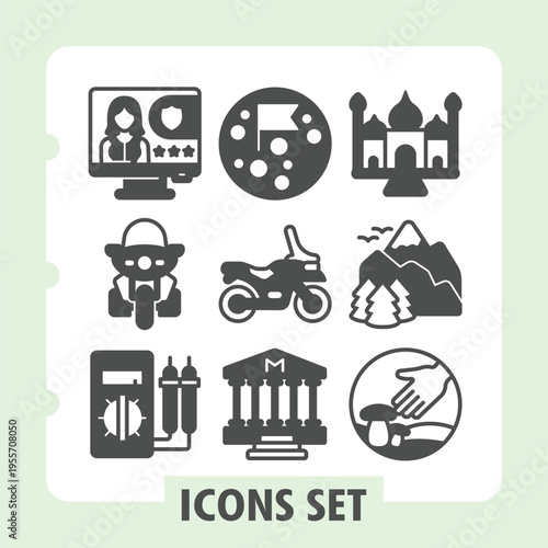 Monitor, motorcycle, tester modern icons set depicting travel, motorsport, bank and planting items in solid style for web apps and print on white background. Vector graphics. Set of nine glyph icons.