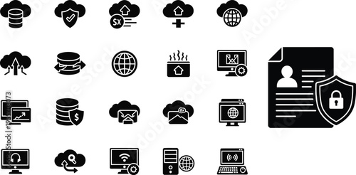 Black and white computer security icons set