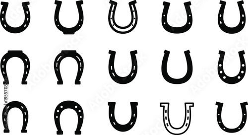 Horseshoe Icon Set Lucky Symbol Western Horse Shoe Collection Black Silhouette Vector Icons Isolated on White Background
