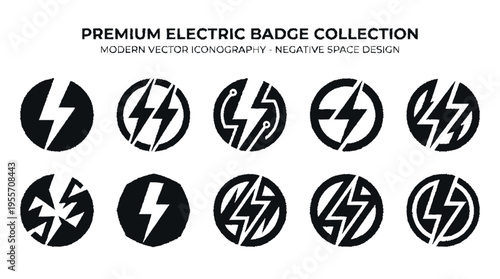 Set of 10 minimalist electric badges featuring sleek bold black lightning bolt designs in modern vector style