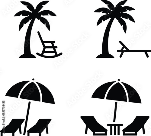 Tropical beach vacation silhouettes, palm trees with chairs and umbrellas, leisure relaxation icons, summer holiday vector art for travel and tourism design