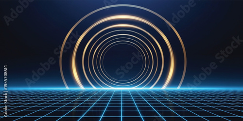 Futuristic Neon Grid Landscape with Glowing Rings Portal, Abstract Sci Fi Technology Background for Digital Innovation, Gaming and Virtual Reality Concepts