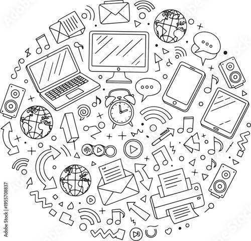 A circular collection of various digital technology communication gadgets and social media elements in a creative hand-drawn vector illustration doodle art