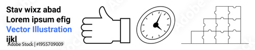Efficiency, time management, productivity, teamwork, planning, organization. Icon set of a thumbs-up, clock and stacked puzzle pieces. Efficiency and productivity theme