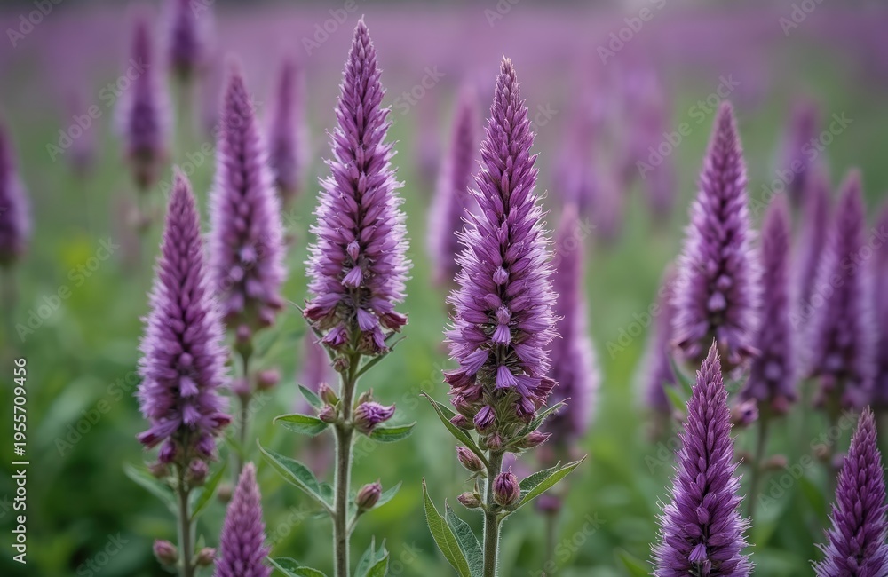 Obraz premium Field of purple veronica flowers bloom in summer garden. Spikes of small flowers create soft focus background. Nature background with plants and green leaves.