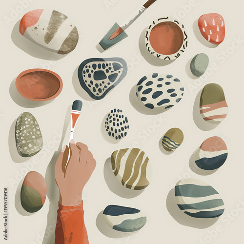 Hand painting decorative stones in creative style with colorful designs  