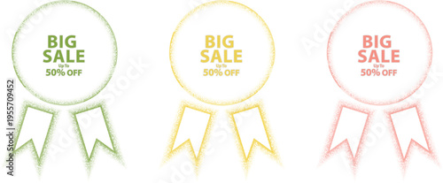 Three decorative circular badge icons featuring a big sale fifty percent off promotion in bright colors