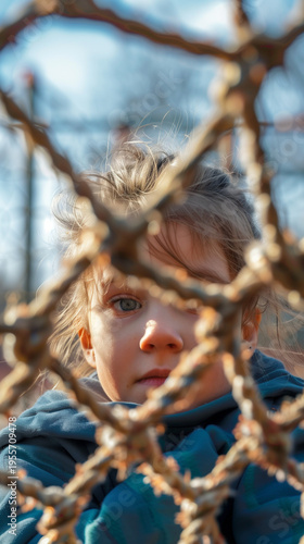 Young girl looking through a mesh fence with curious expression  