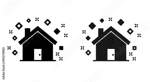 Vector illustration of two house icons with sparkles, representing cleaning, real estate, or home care