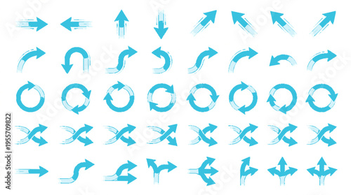 Dynamic cyan motion arrows in varied shapes and directions on a large sheet for sleek design elements