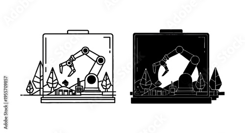 Vector illustration of robotic arm inside a glass display case with geometric trees
