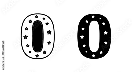 Vector illustration of number zero with star pattern in black and white style