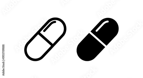Vector illustration of two pill capsule icons, outline and solid style, medicine symbol
