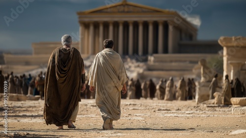 Early Christians walk away from a towering pagan temple, choosing faith and spiritual truth over worldly tradition in a powerful symbolic scene.
