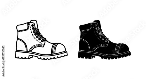 Vector illustration of set of work boots, outline and silhouette style, vector illustration