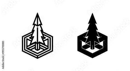 Vector illustration of minimalist pine tree icon set inside an isometric hexagonal frame