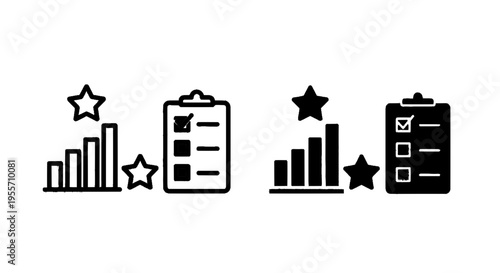 Vector illustration of set of bar chart and checklist icons with stars for business performance