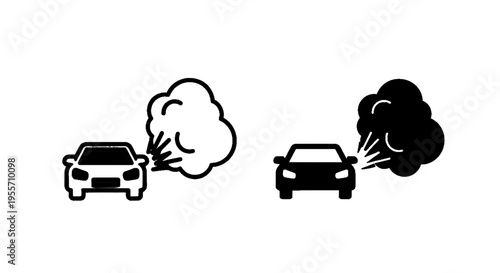 Vector illustration of car with exhaust smoke icon set, vehicle emission pollution symbol