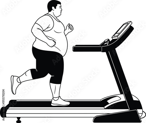 Obese, man, running, on, treadmill, vector, illustration, fat, guy, exercising, gym, workout, weight, loss, journey, fitness, health, isolated, white, background.