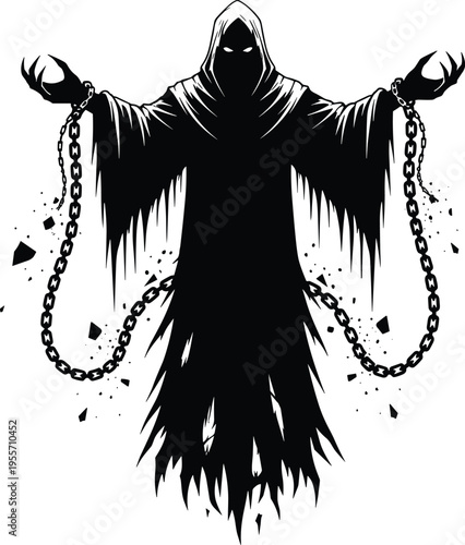 Dark grim reaper silhouette with broken chains, hooded ghost spirit, creepy phantom demon vector, gothic horror halloween character, mysterious mystical entity.