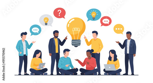 Brainstorming Session: Diverse Group Collaboration Meeting, Idea Generation, Teamwork, and Innovation Concept with Lightbulb Illustration.