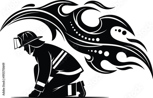 Firefighter silhouette kneeling under stylized fire flames, emergency rescue hero vector, firefighting department emblem, brave fireman in uniform, protection safety.