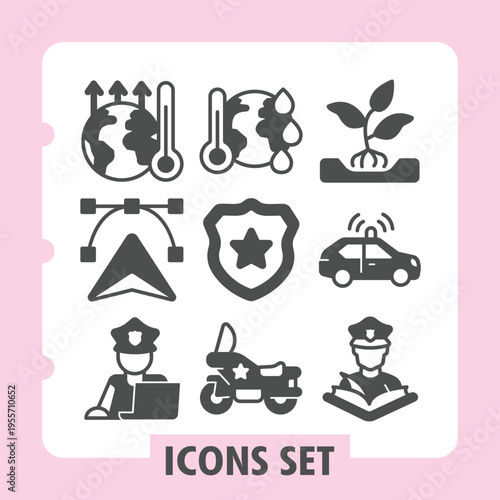 Planet, cursor, policeman modern icons set covering climate, renewable energy and travel items in solid style for web apps and print on white background. Vector graphics. Set of nine glyph icons.