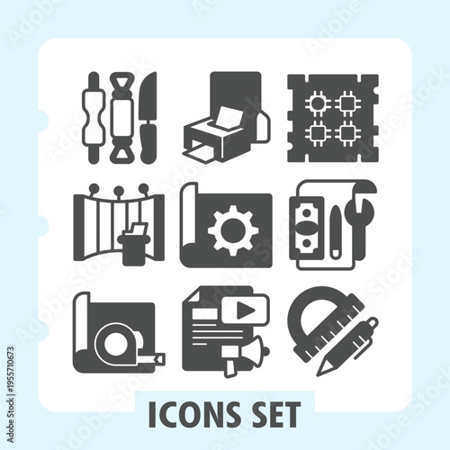 Tools, podium, ruler modern icons set including tools, furniture, settings, media controls items in solid style for web apps and print on white background. Vector graphics. Set of nine glyph icons.