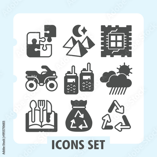 Puzzle, quadricycle, book modern icons set including travel, processor, radio, weather items in solid style for web apps and print on white background. Vector graphics. Set of nine glyph icons.